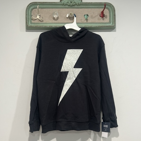 Black Lightning Bolt Smiley Face graphic long sleeve hooded tee new Kids Large - Picture 2 of 6